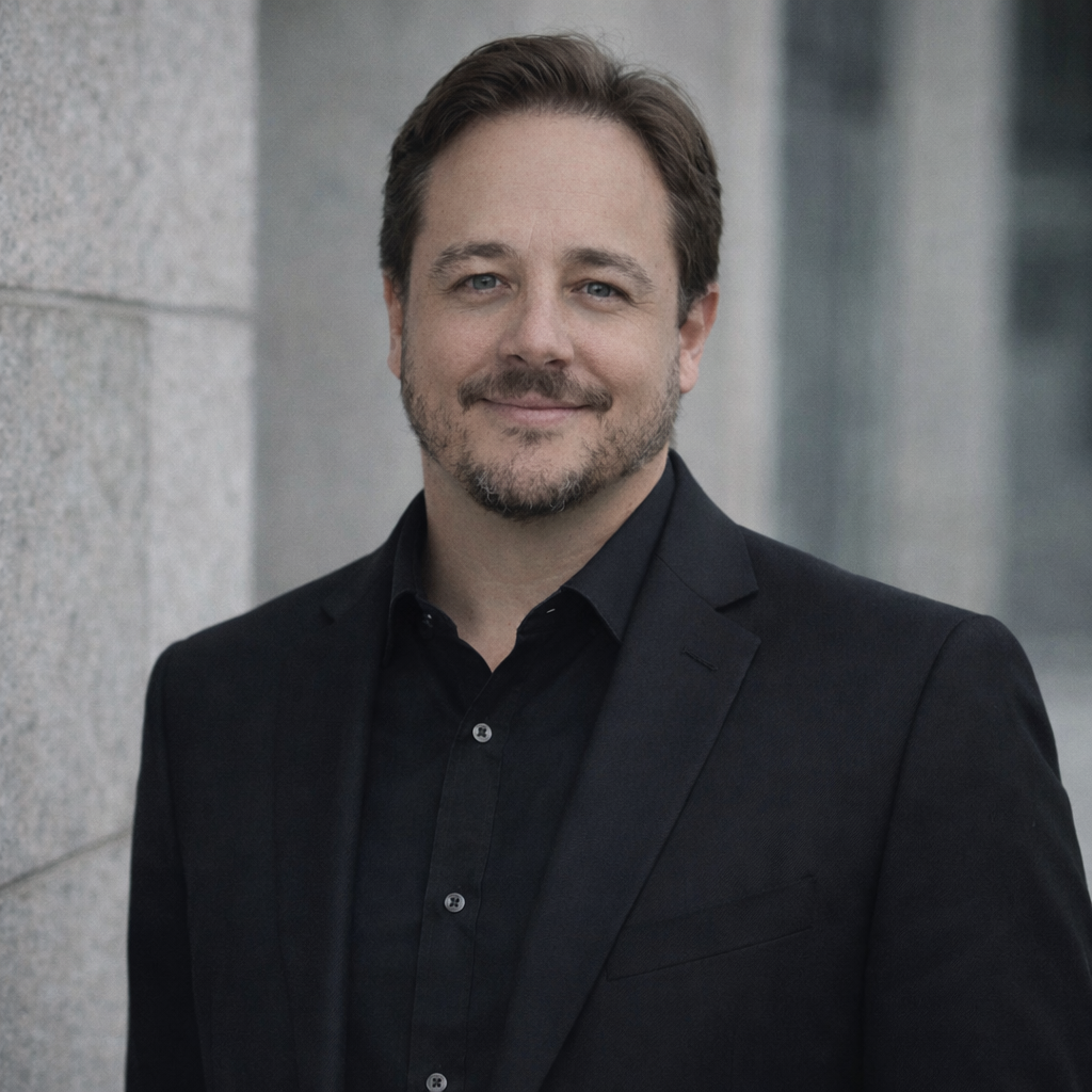 Dave Morris in a black suit in the city