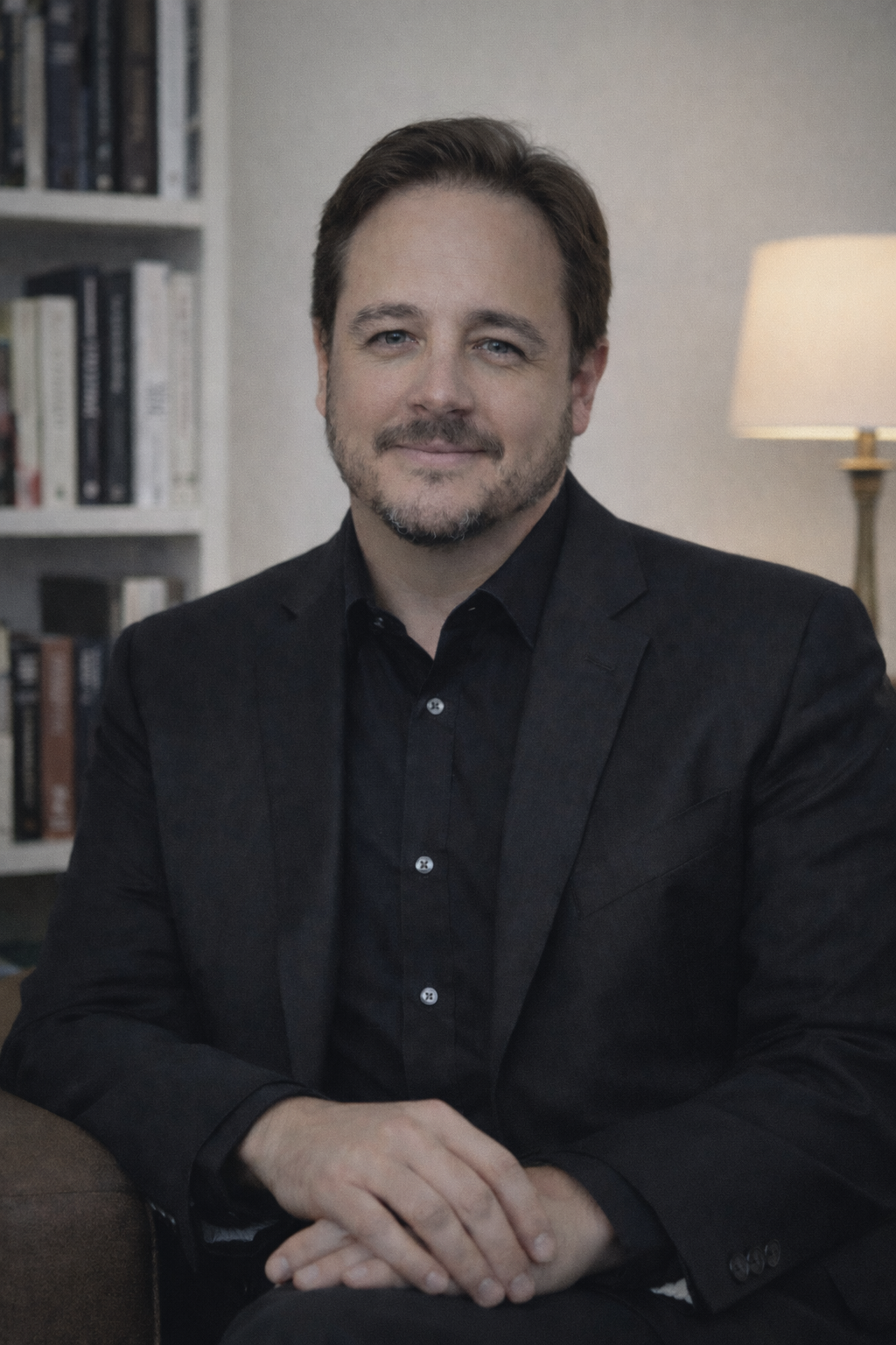 Dave Morris seated in a black suit