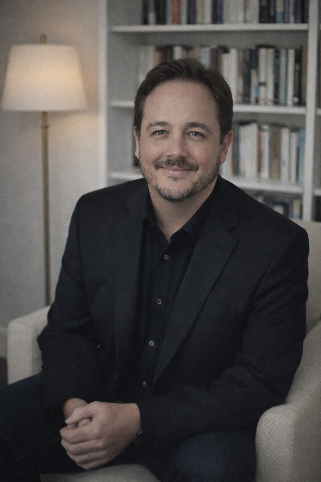 Dave Morris sitting in a black suit