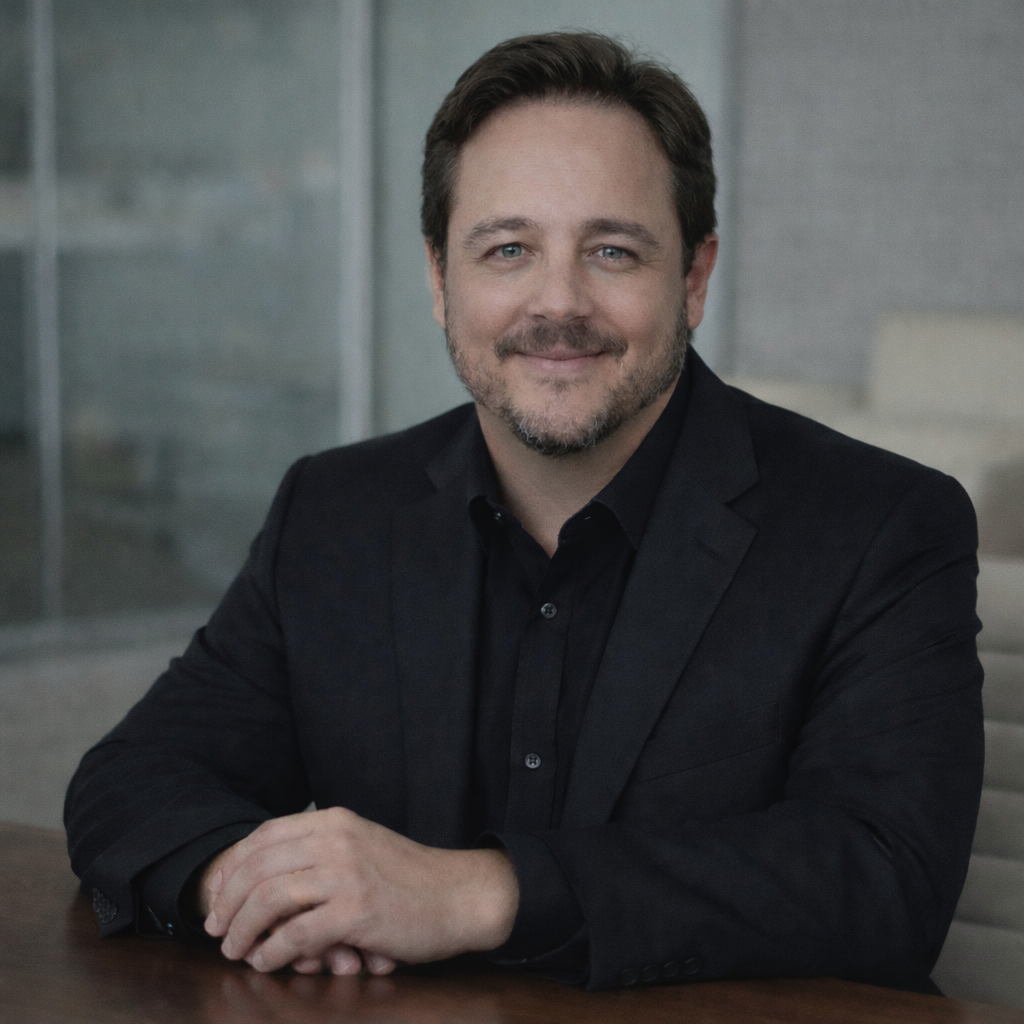 Dave Morris at a table in a black suit
