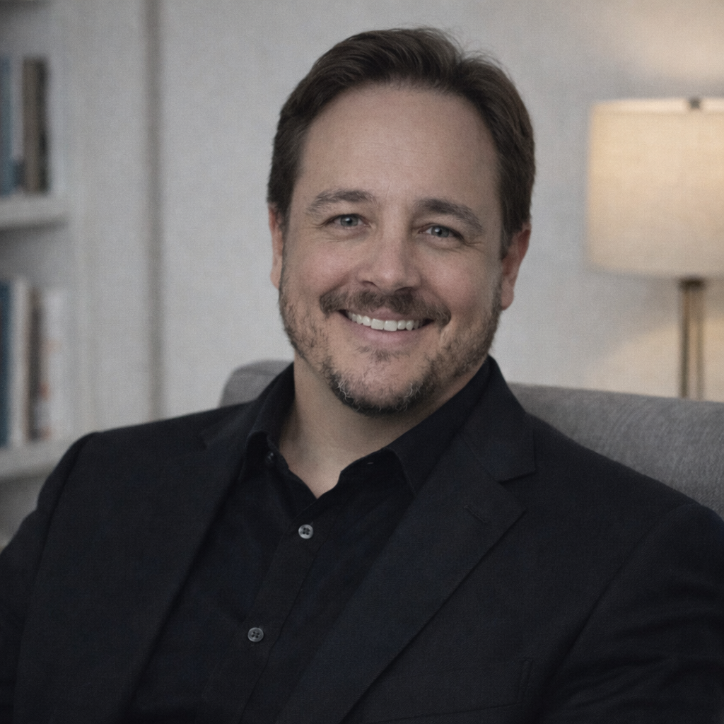 Close-up of Dave Morris in a black suit