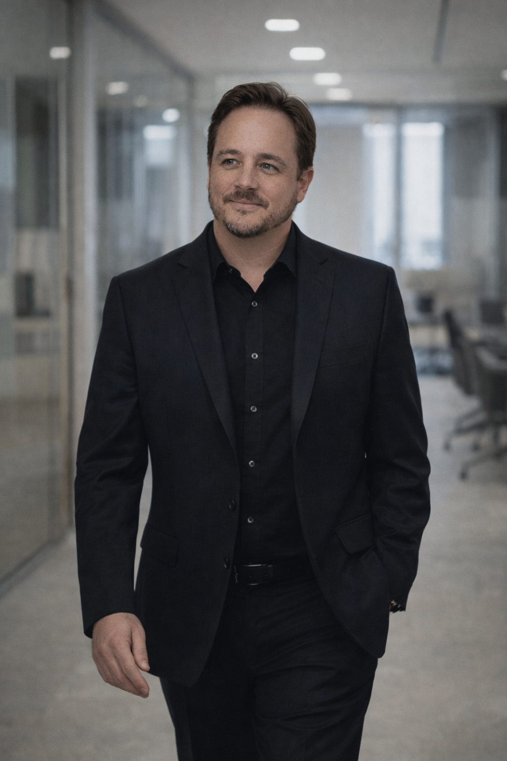 Dave Morris walking through an office in a black suit
