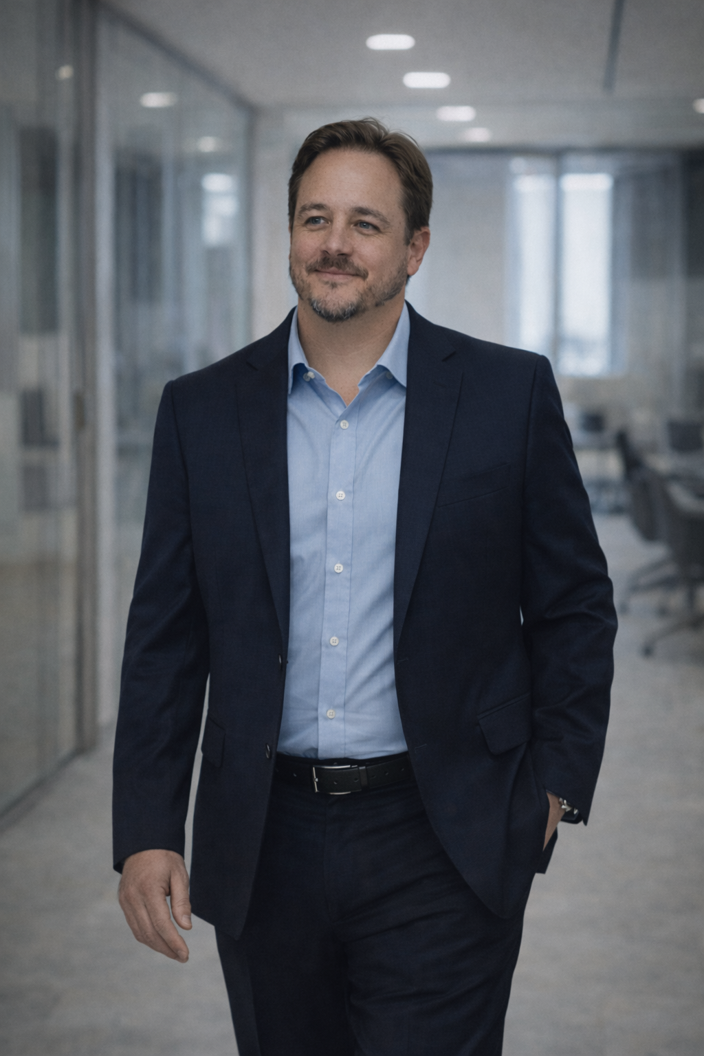 Dave Morris walking through an office in a blue suit